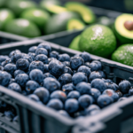 Cajas de arándanos y aguacates frescos listos para exportación de México a Canadá