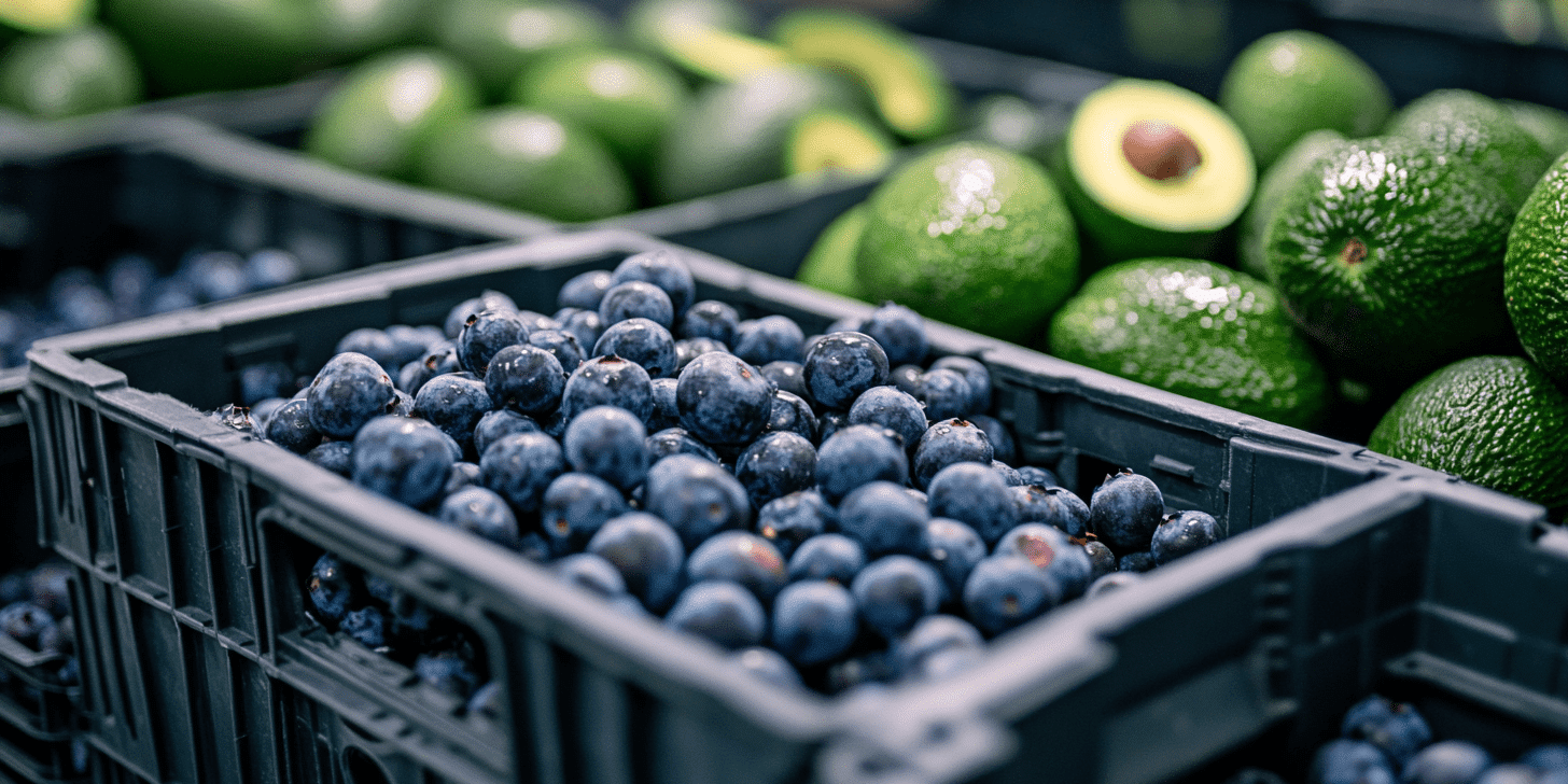 Cajas de arándanos y aguacates frescos listos para exportación de México a Canadá
