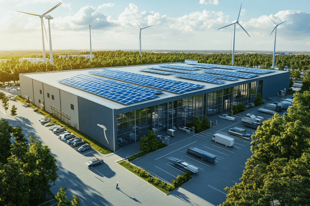 Sustainable logistics warehouse with solar panels and wind turbines