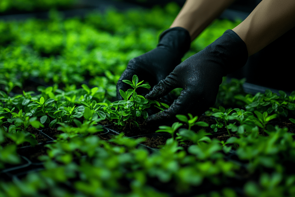 Hands planting tree saplings as part of a reforestation program