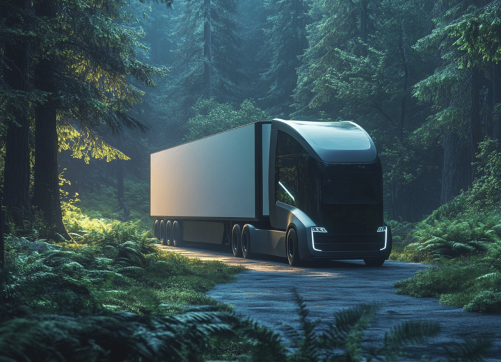 Futuristic electric truck driving through a lush green forest, symbolizing sustainable logistics
