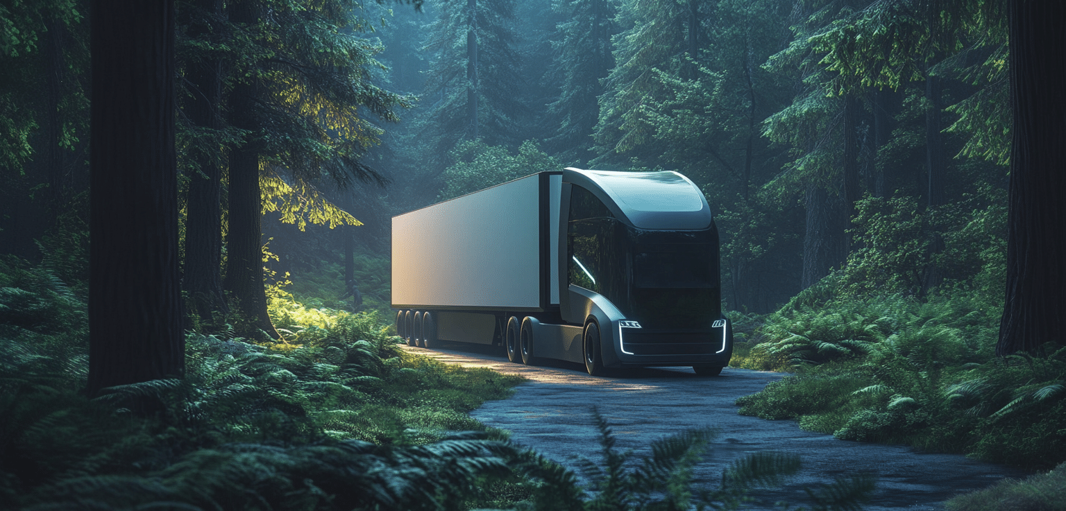 Futuristic electric truck driving through a lush green forest, symbolizing sustainable logistics