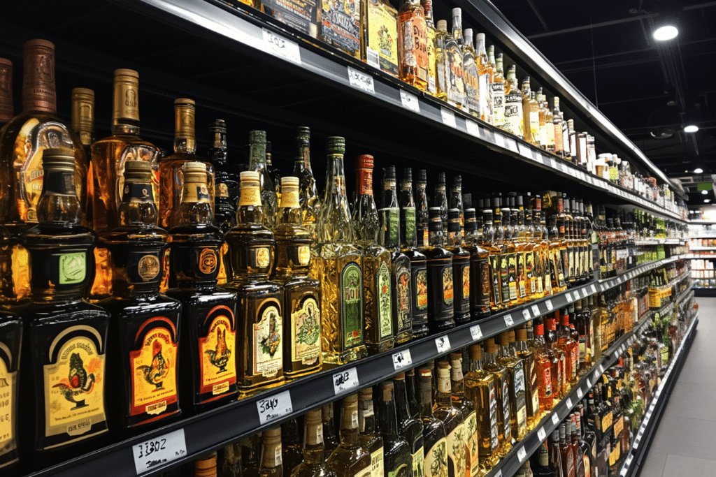 Botellas de tequila mexicano exhibidas en estantes de un supermercado canadiense