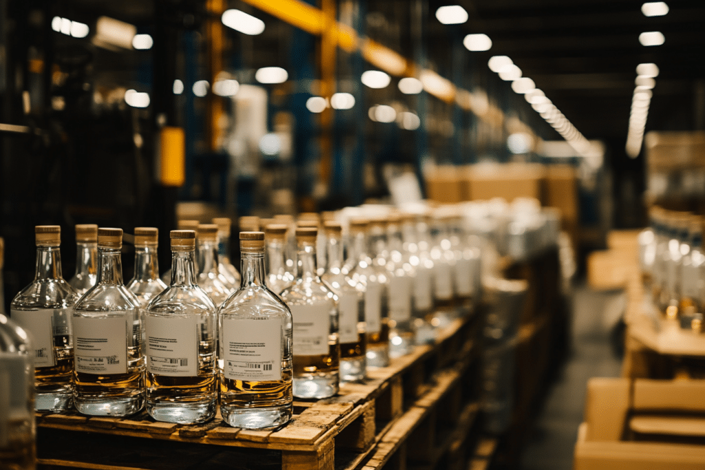 Botellas de tequila mexicano listas para exportación en estanterías de una planta logística