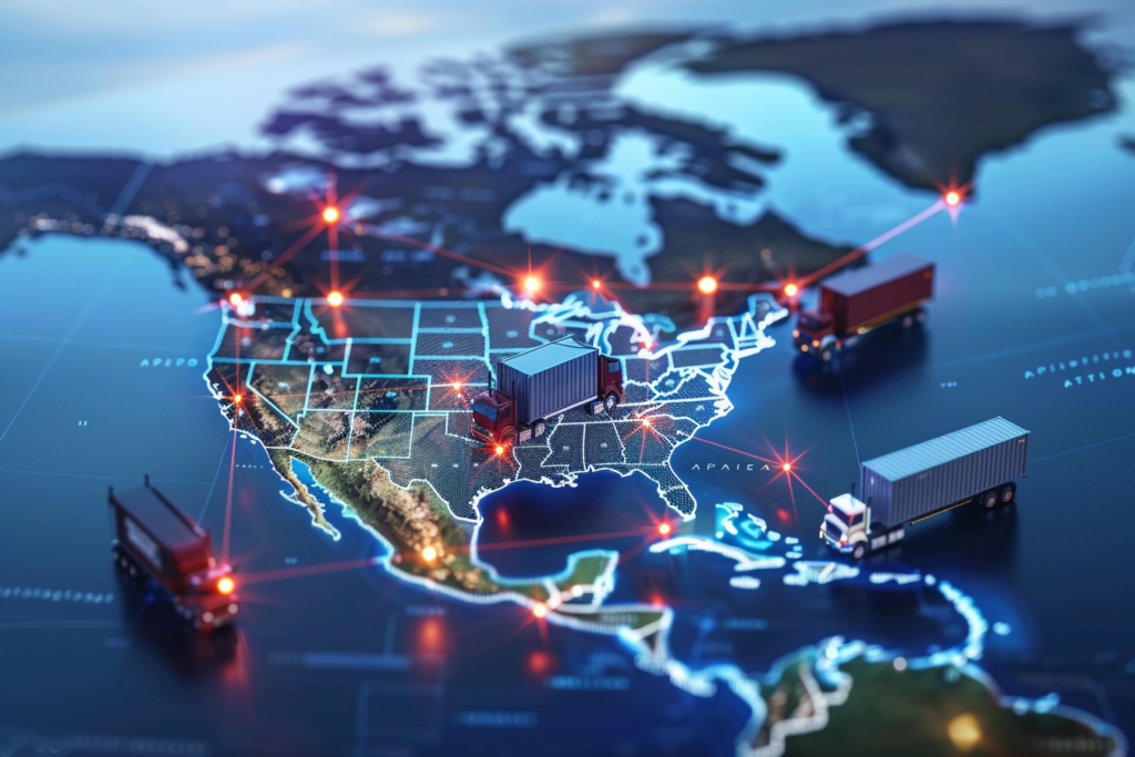 Map of North America showing cross-border freight routes between Mexico, the U.S., and Canada with trucks and cargo icons