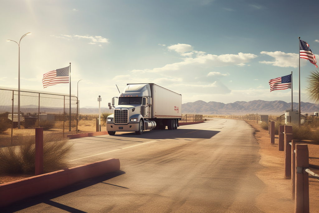 Freight truck crossing the U.S.–Mexico border at a customs checkpoint under clear skies, with American flags visible
