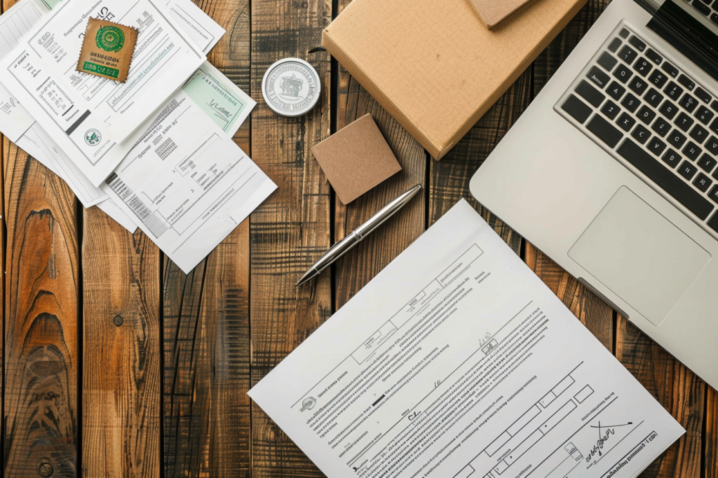 Customs documents for international shipping including commercial invoice, certificate of origin, and packing list on a wooden desk