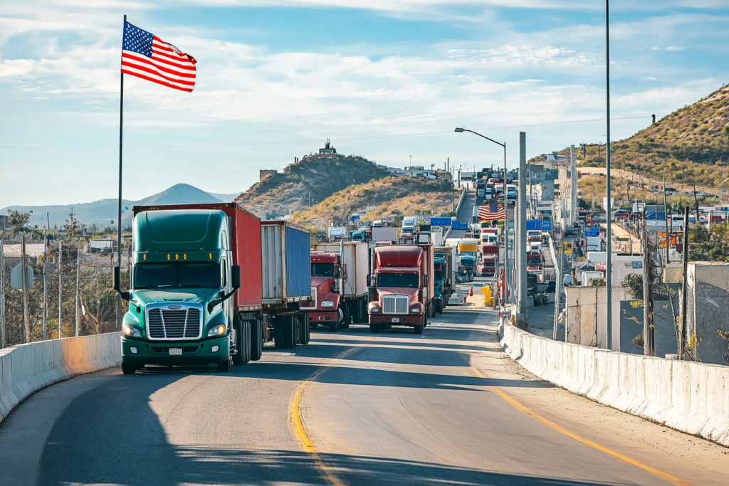 Camiones cruzando la frontera entre México y Estados Unidos bajo inspección aduanera, con banderas visibles.
