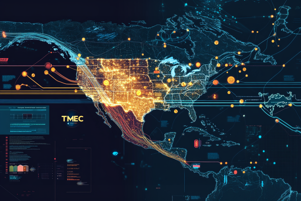 Mapa digital de América del Norte con rutas comerciales destacadas entre México, Estados Unidos y Canadá, representando el alcance del T-MEC.