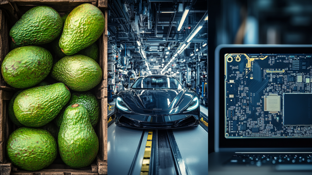 Tres sectores clave de exportación mexicana representados: aguacates frescos en caja de madera (agroindustria), automóvil deportivo en línea de ensamblaje (industria automotriz), y placa base de computadora en primer plano (tecnología y electrónica).