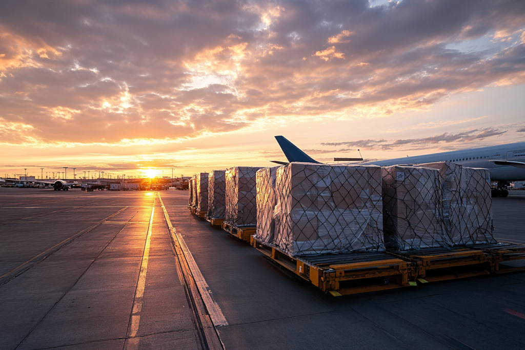 Carga aérea lista para exportación al amanecer, con pallets envueltos junto a un avión en pista, representando estrategias logísticas internacionales eficientes.