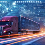 Camiones de carga cruzando entre México y EE.UU. con iconos de exportación y comercio internacional, representando el impacto de los aranceles en 2025.