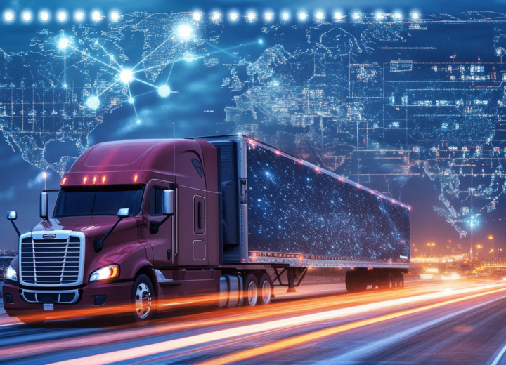 Camiones de carga cruzando entre México y EE.UU. con iconos de exportación y comercio internacional, representando el impacto de los aranceles en 2025.