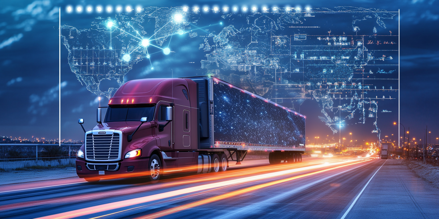 Camiones de carga cruzando entre México y EE.UU. con iconos de exportación y comercio internacional, representando el impacto de los aranceles en 2025.