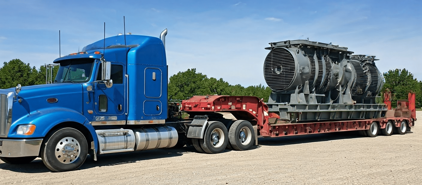 Blue semi truck with red lowboy trailer hauling heavy industrial equipment showing the low deck design for oversized freight transport