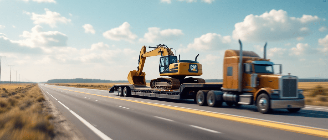 Lowboy gooseneck trailer hauling a yellow excavator on an open American highway with clear blue sky