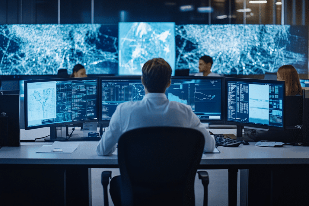 Centro de control logístico de Loyalty Logistics mostrando tecnología avanzada de rastreo y gestión