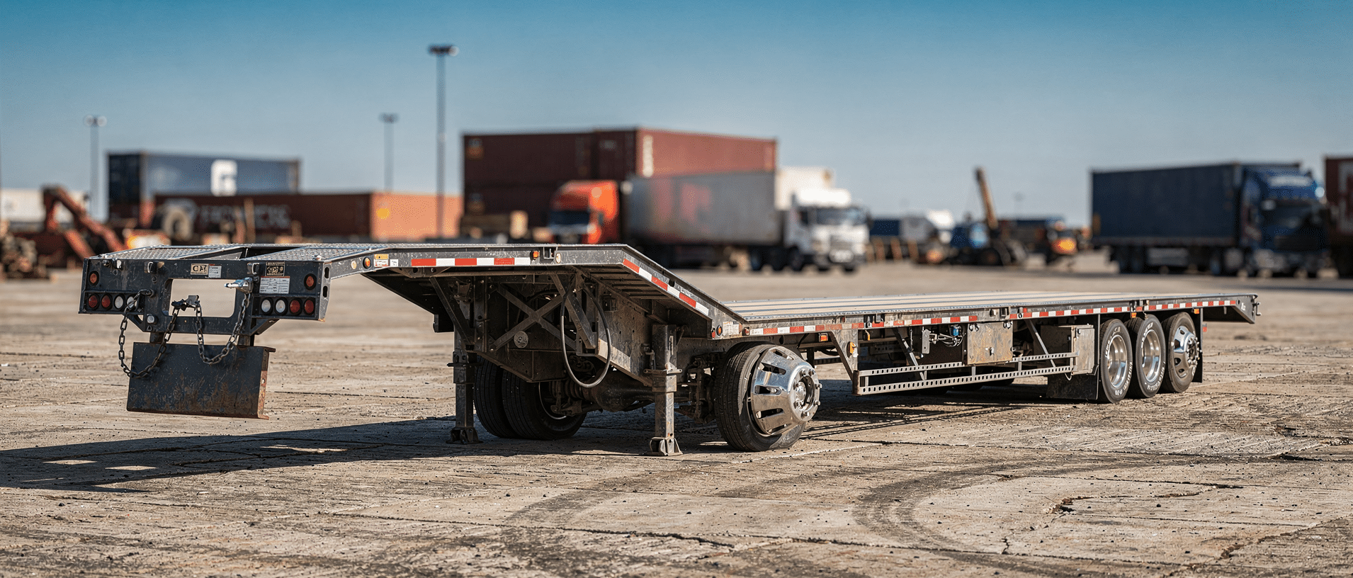RGN removable gooseneck trailer with detachable front lowered to ground at truck yard showing low deck profile and multi-axle configuration