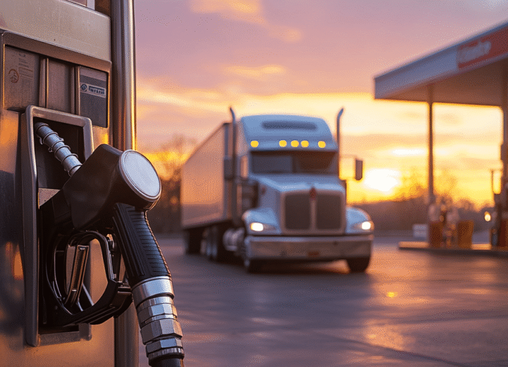 Diesel fuel pump at gas station with freight truck in background - oil price impact on trucking costs