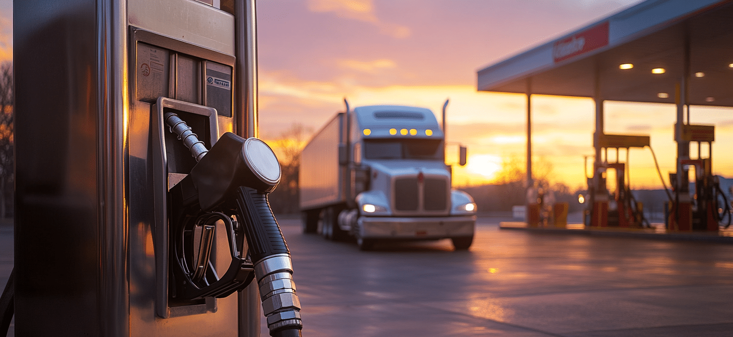 Diesel fuel pump at gas station with freight truck in background - oil price impact on trucking costs