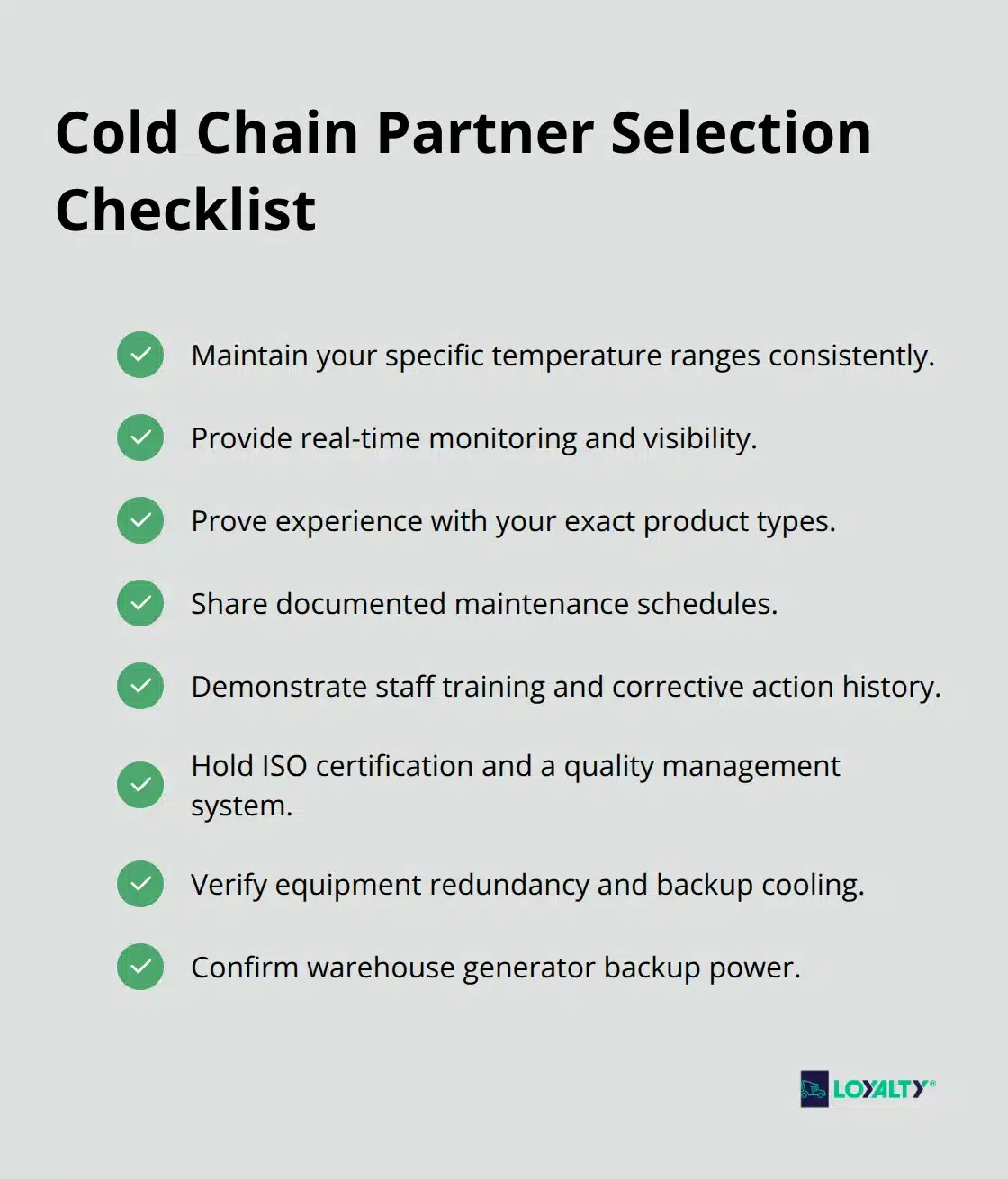 Checklist of concrete criteria to evaluate cold chain logistics partners.