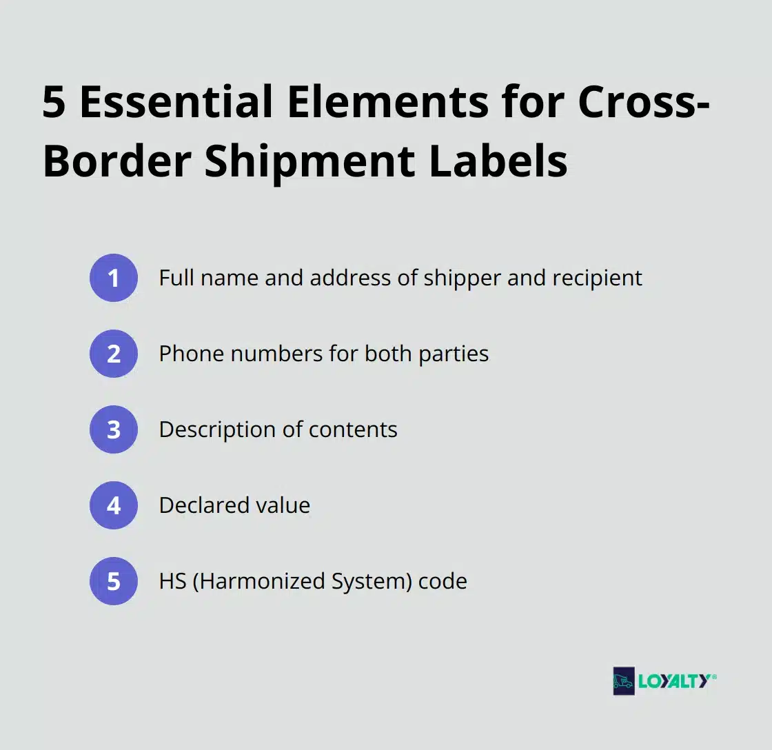 Chart listing five crucial elements to include on labels for cross-border shipments: shipper and recipient details, phone numbers, content description, declared value, and HS code - cross border shipping us to canada
