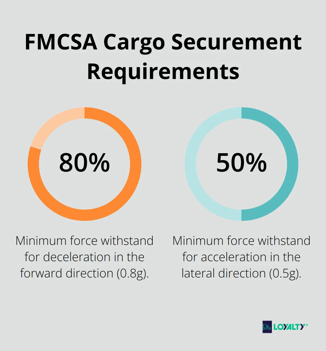 Percentage chart showing FMCSA requirements for cargo securement systems: 80% for forward deceleration and 50% for lateral acceleration