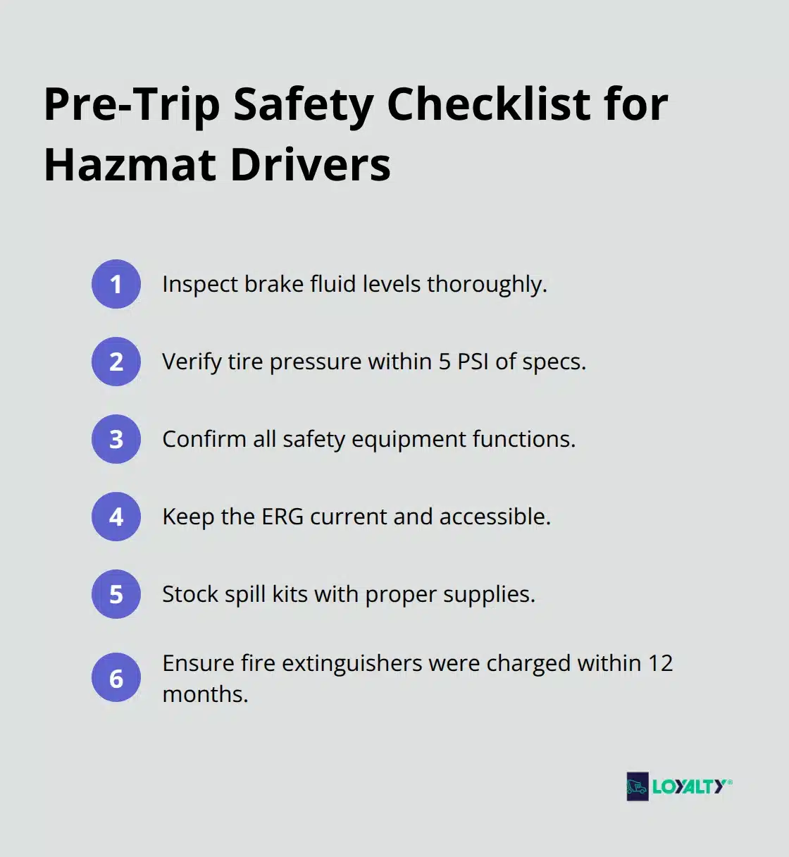 Compact list of key pre-trip hazmat vehicle checks. - hazmat truck