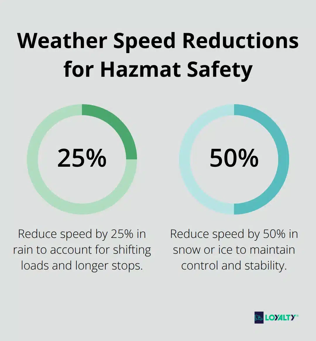 Recommended speed reductions for hazmat trucks in adverse weather.