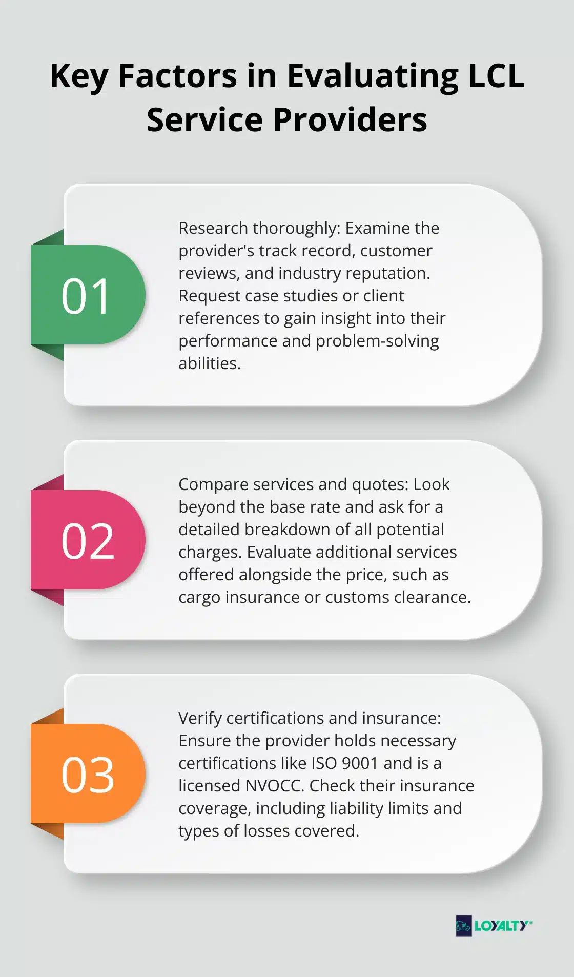 Ordered list chart highlighting three important factors to consider when evaluating LCL service providers - lcl ocean freight