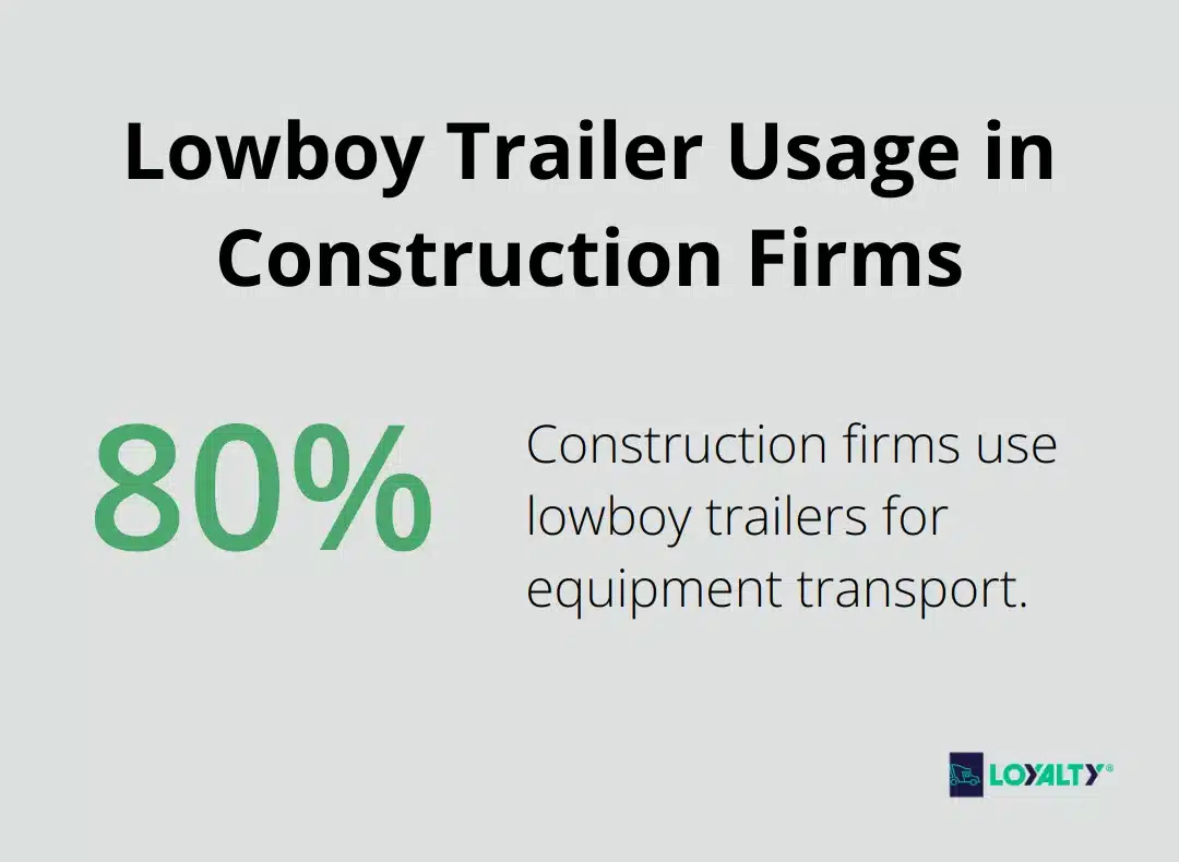 Pie chart showing 80% of construction firms use lowboy trailers for equipment transport