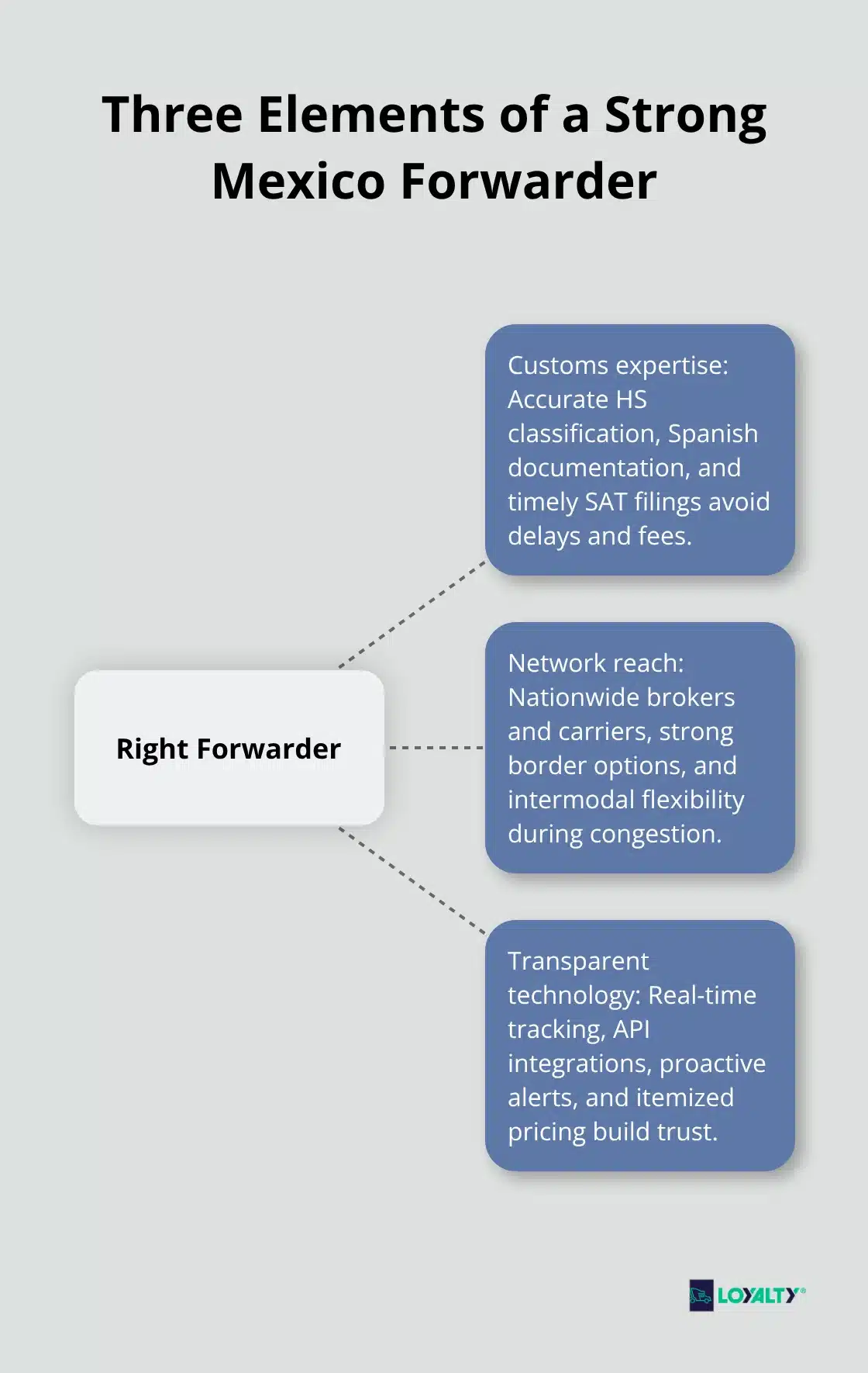 Hub-and-spoke showing customs expertise, network reach, and transparent technology