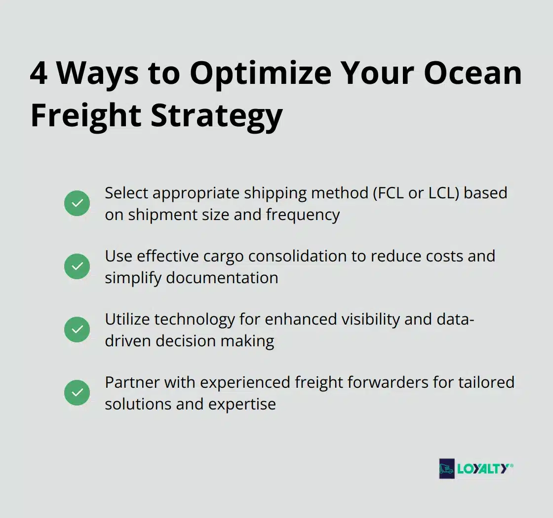 A checkmark list chart showing four ways to optimize ocean freight strategy: Select appropriate shipping method, Use effective cargo consolidation, Utilize technology for enhanced visibility, and Partner with experienced freight forwarders. - ocean freight cargo