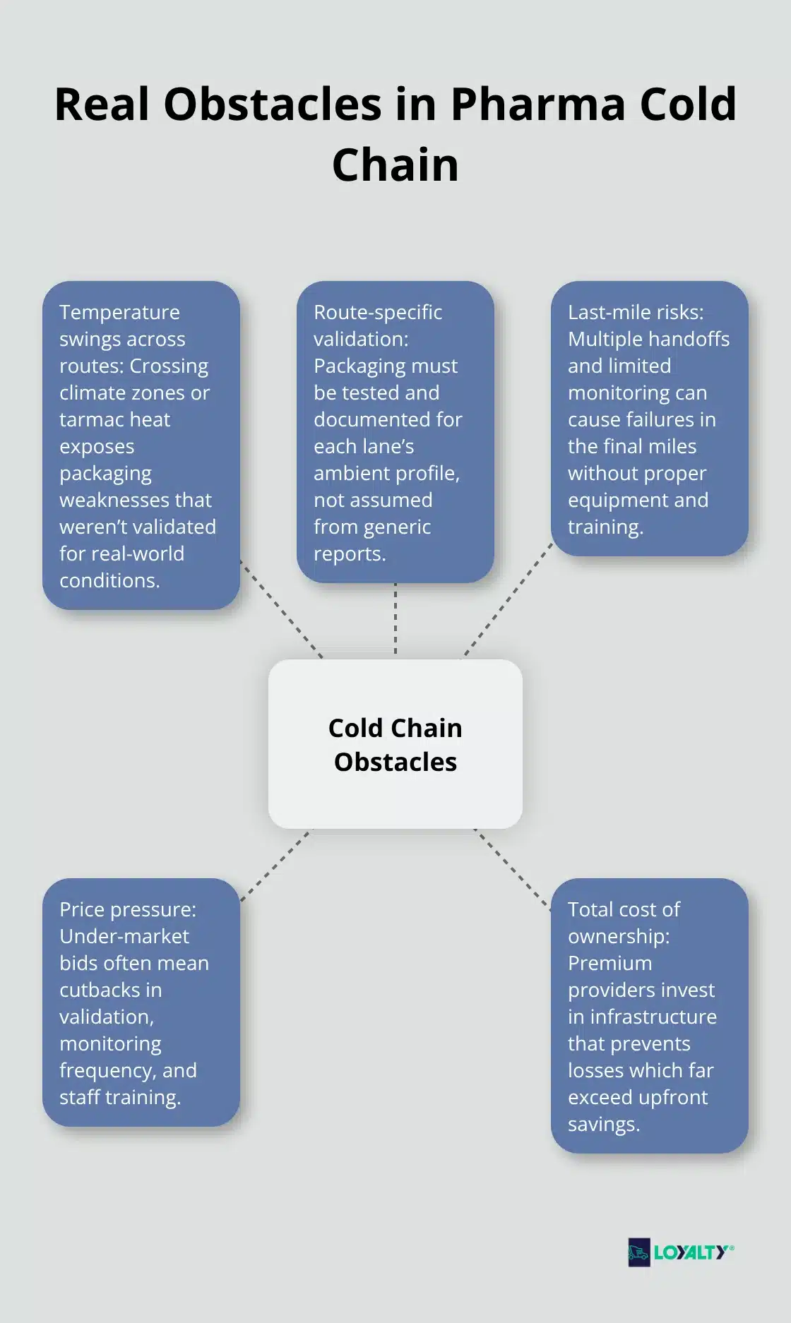 Central concept with spokes showing five common cold chain obstacles.