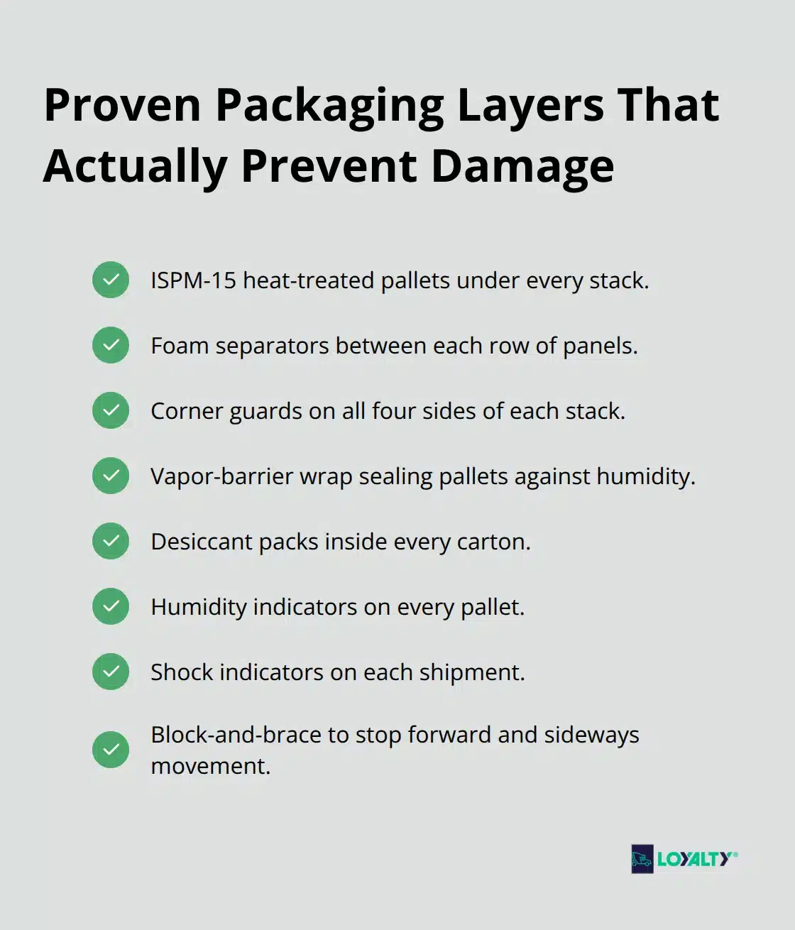 Checklist of moisture and shock protections required for safe solar panel shipping.