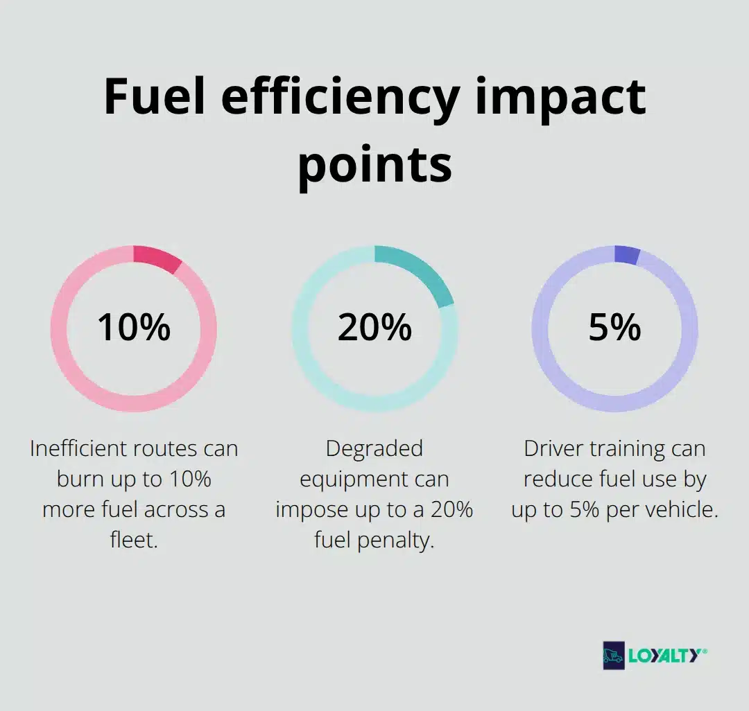 Percentages showing how operations affect fuel use: route waste, degraded equipment penalty, and driver training savings.