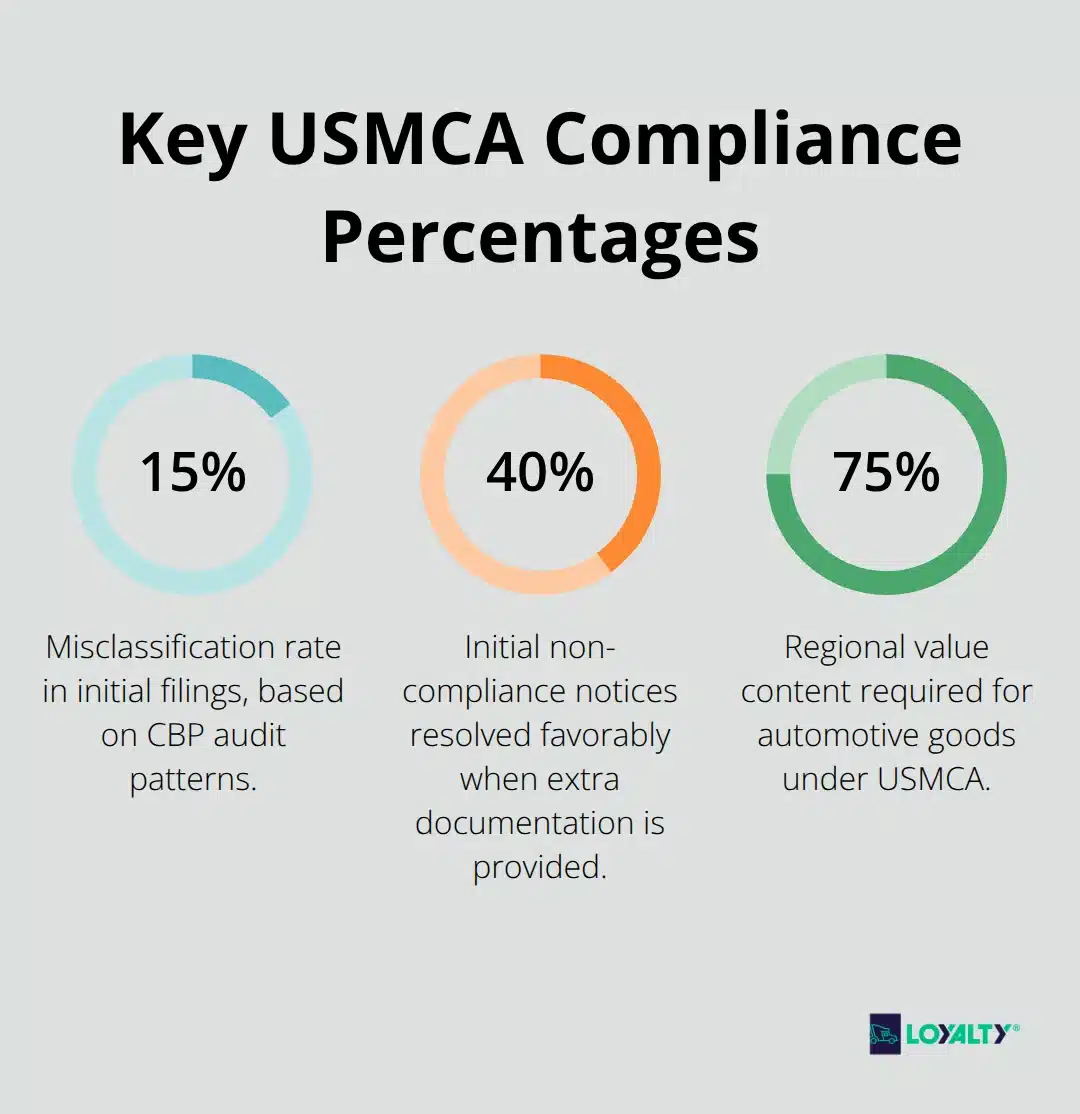 Visualization of key USMCA compliance percentages including misclassification rate, favorable notice resolutions, and automotive RVC requirement.
