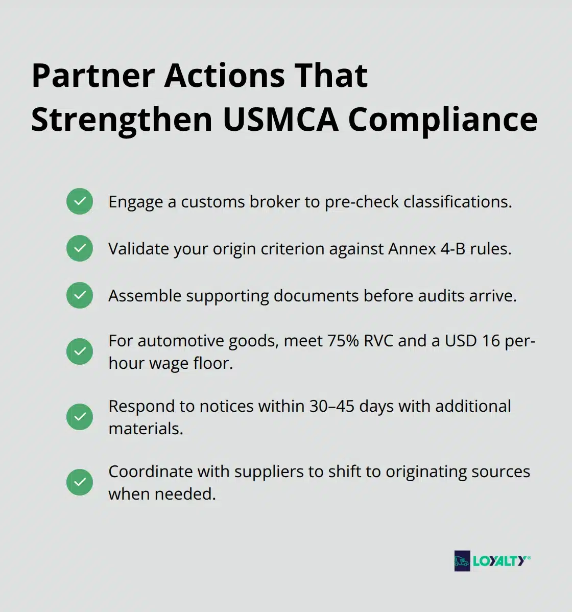 Checklist of broker-led actions and supplier coordination steps to improve USMCA compliance outcomes. - usmca certificate of origin instructions